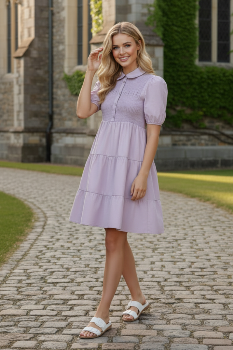 SHORT SLEEVE SMOCKED BUTTON DOWN TIERED WOVEN DRESS-SKSY8073