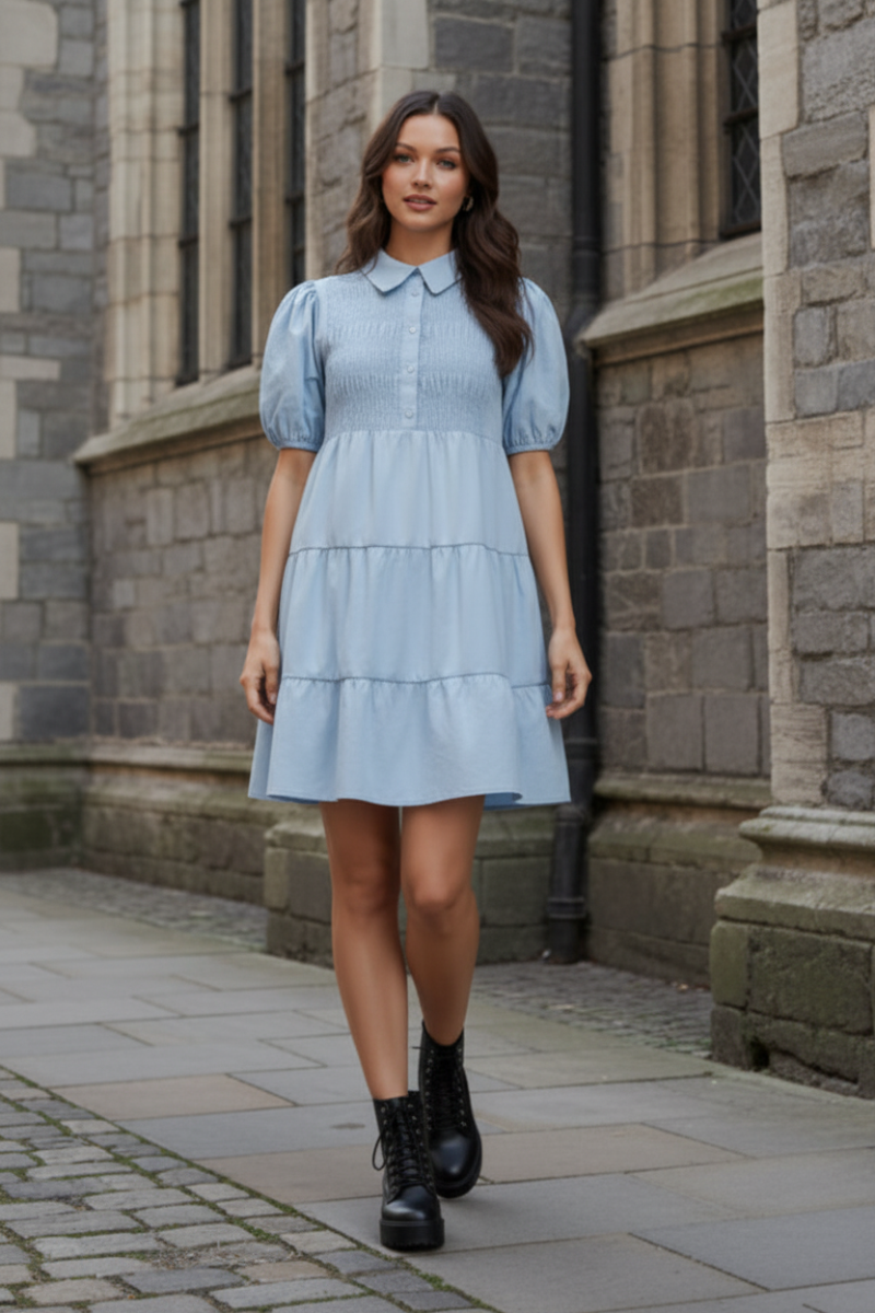 SHORT SLEEVE SMOCKED BUTTON DOWN TIERED WOVEN DRESS-SKSY8073