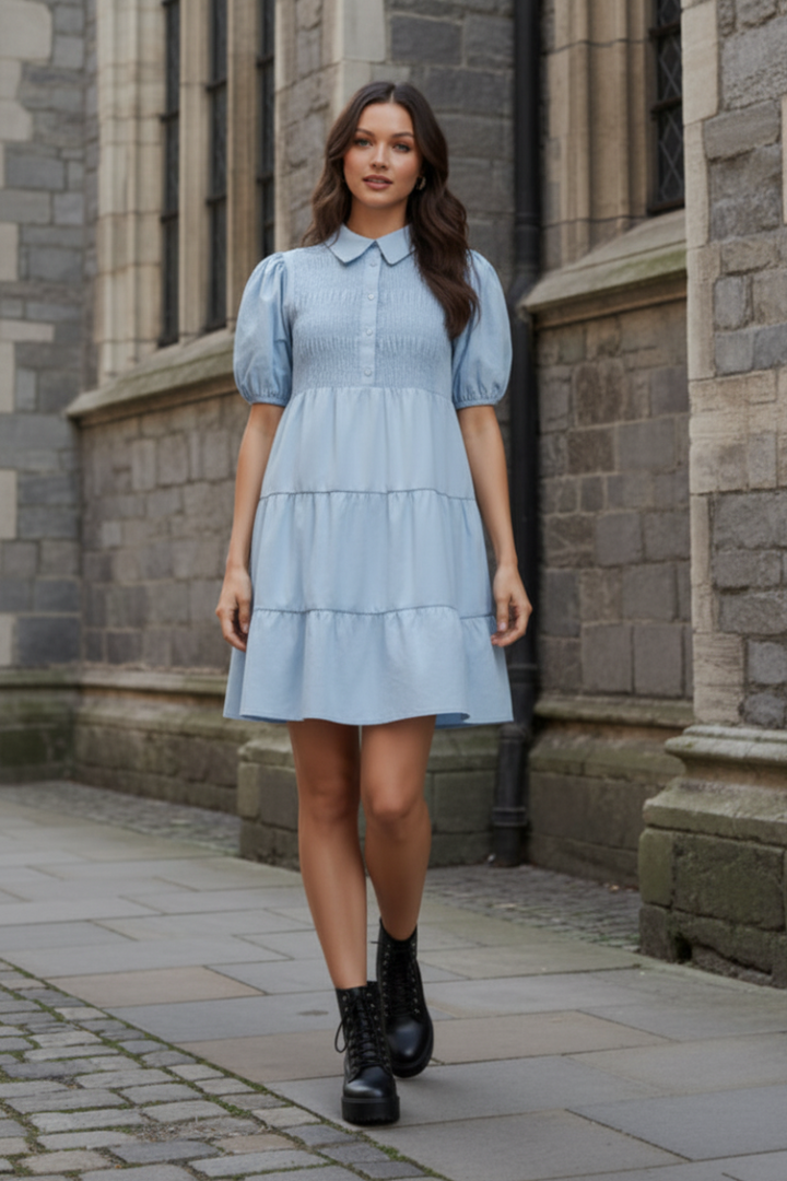 SHORT SLEEVE SMOCKED BUTTON DOWN TIERED WOVEN DRESS-SKSY8073