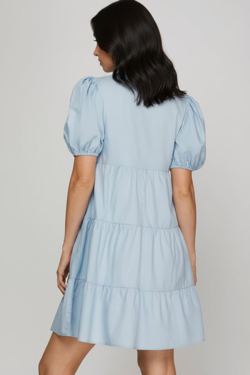 SHORT SLEEVE SMOCKED BUTTON DOWN TIERED WOVEN DRESS-SKSY8073