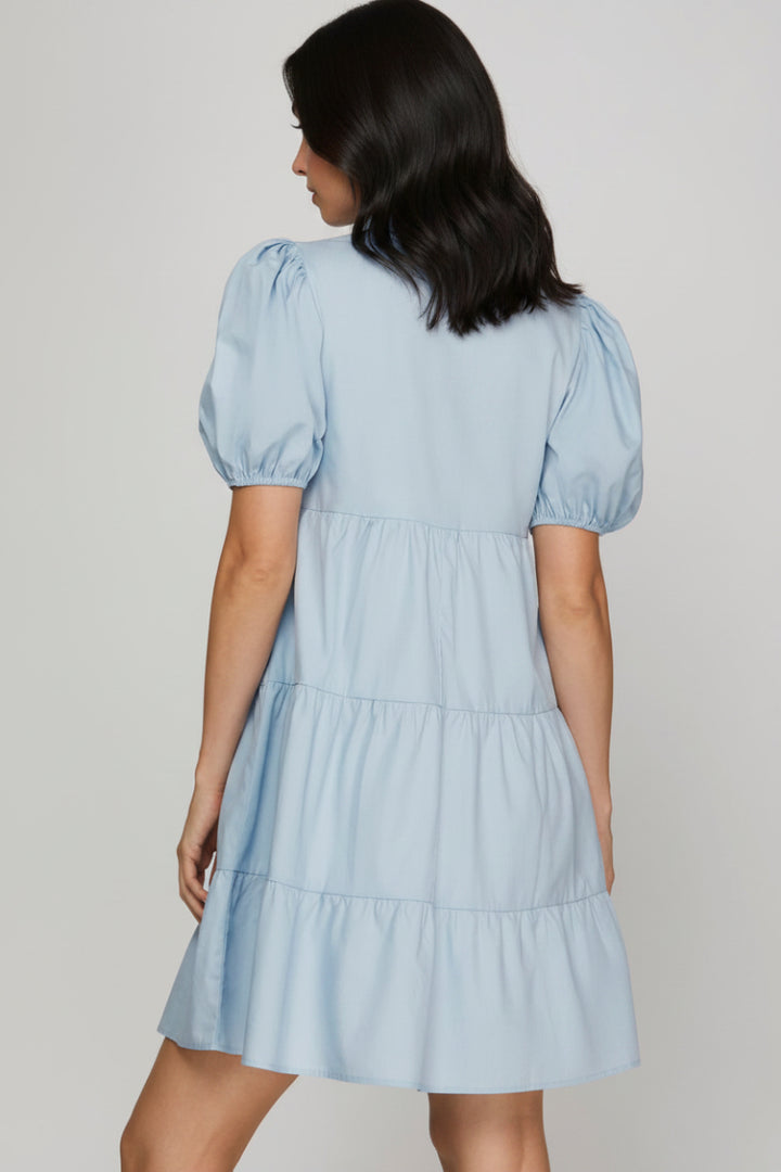 SHORT SLEEVE SMOCKED BUTTON DOWN TIERED WOVEN DRESS-SKSY8073