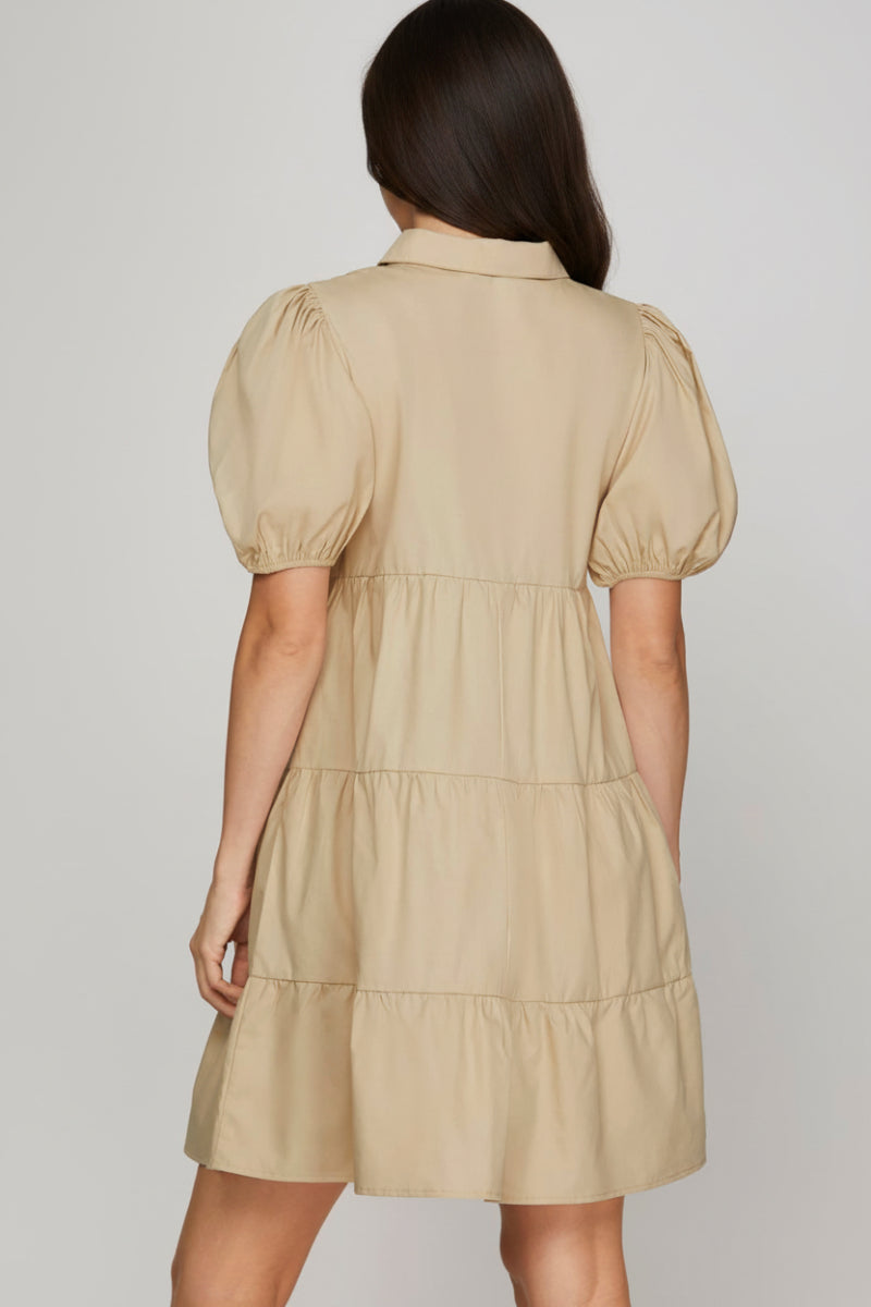 SHORT SLEEVE SMOCKED BUTTON DOWN TIERED WOVEN DRESS-SKSY8073