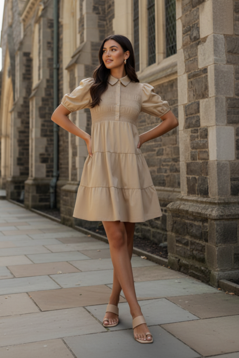 SHORT SLEEVE SMOCKED BUTTON DOWN TIERED WOVEN DRESS-SKSY8073