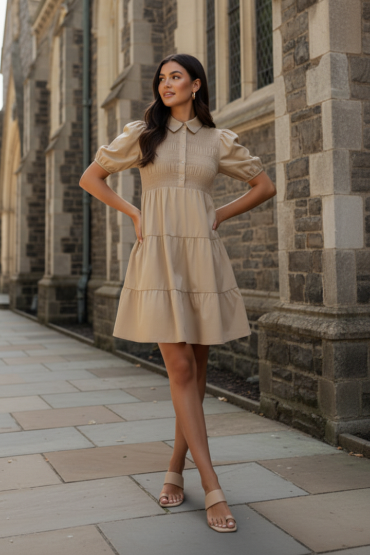 SHORT SLEEVE SMOCKED BUTTON DOWN TIERED WOVEN DRESS-SKSY8073