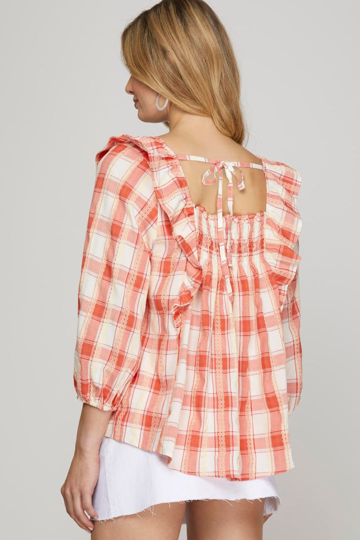 3/4 SLEEVE PLAID RUFFLED SMOCKED PEASANT TOP SKSY7955