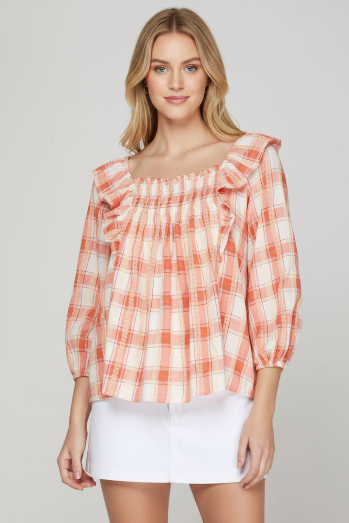 3/4 SLEEVE PLAID RUFFLED SMOCKED PEASANT TOP SKSY7955