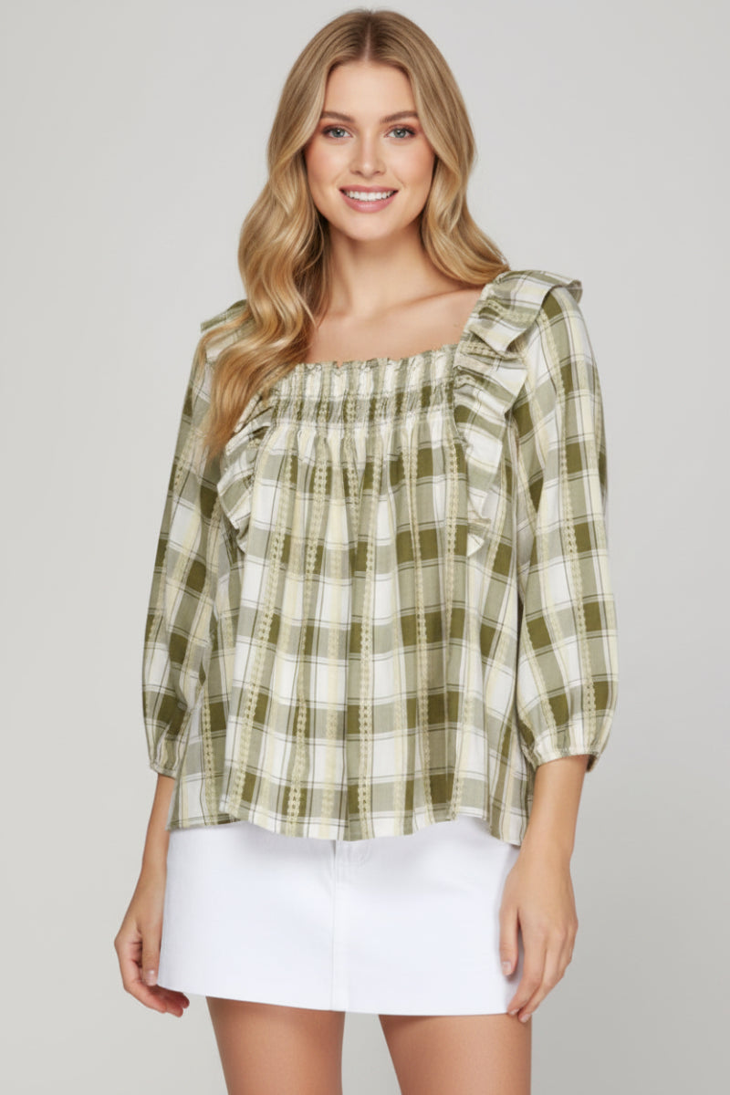 3/4 SLEEVE PLAID RUFFLED SMOCKED PEASANT TOP SKSY7955