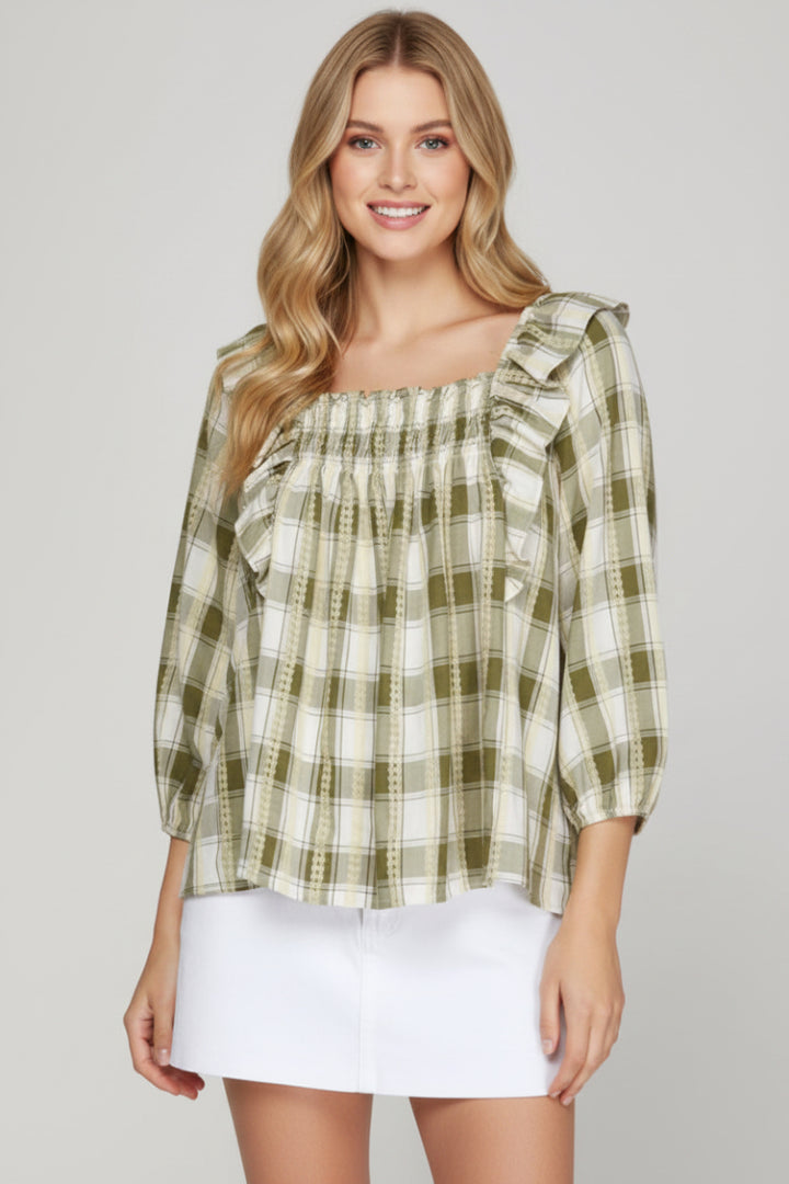 3/4 SLEEVE PLAID RUFFLED SMOCKED PEASANT TOP SKSY7955