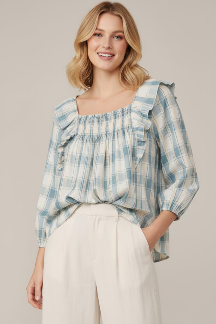 3/4 SLEEVE PLAID RUFFLED SMOCKED PEASANT TOP SKSY7955