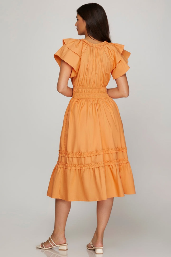 RUFFLED SLEEVE MIDI DRESS WITH ELASTIC WAIST BAND