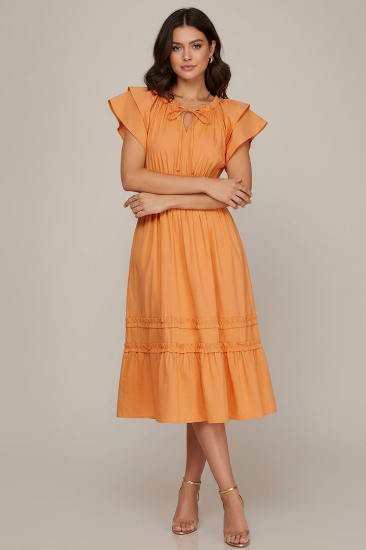 RUFFLED SLEEVE MIDI DRESS WITH ELASTIC WAIST BAND