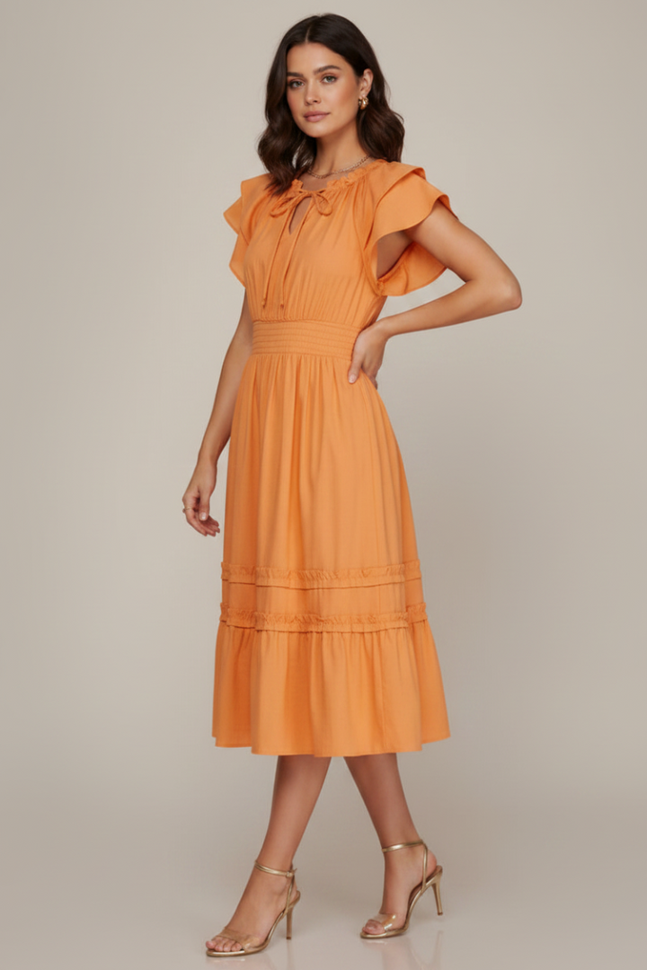 RUFFLED SLEEVE MIDI DRESS WITH ELASTIC WAIST BAND
