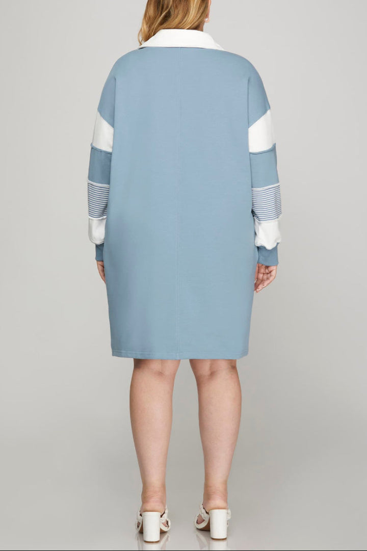 PLUS - COLOR BLOCK SLEEVE V NECK FRENCH TERRY DRESS