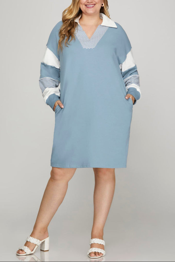 PLUS - COLOR BLOCK SLEEVE V NECK FRENCH TERRY DRESS