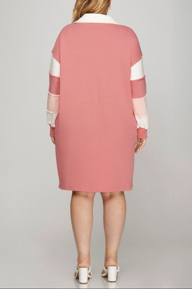 PLUS - COLOR BLOCK SLEEVE V NECK FRENCH TERRY DRESS