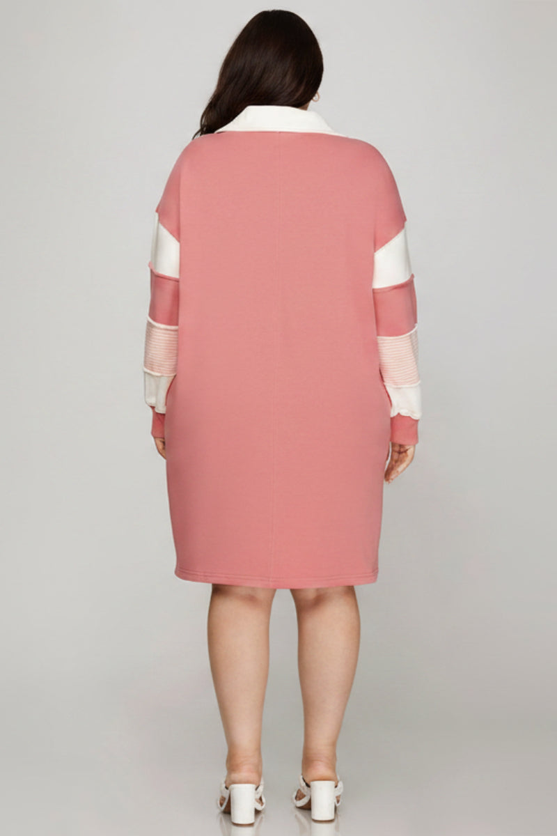 PLUS - COLOR BLOCK SLEEVE V NECK FRENCH TERRY DRESS-SKPSY7414R