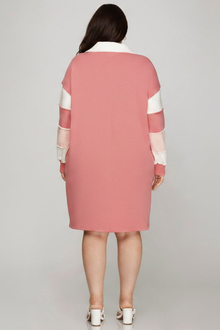 PLUS - COLOR BLOCK SLEEVE V NECK FRENCH TERRY DRESS-SKPSY7414R
