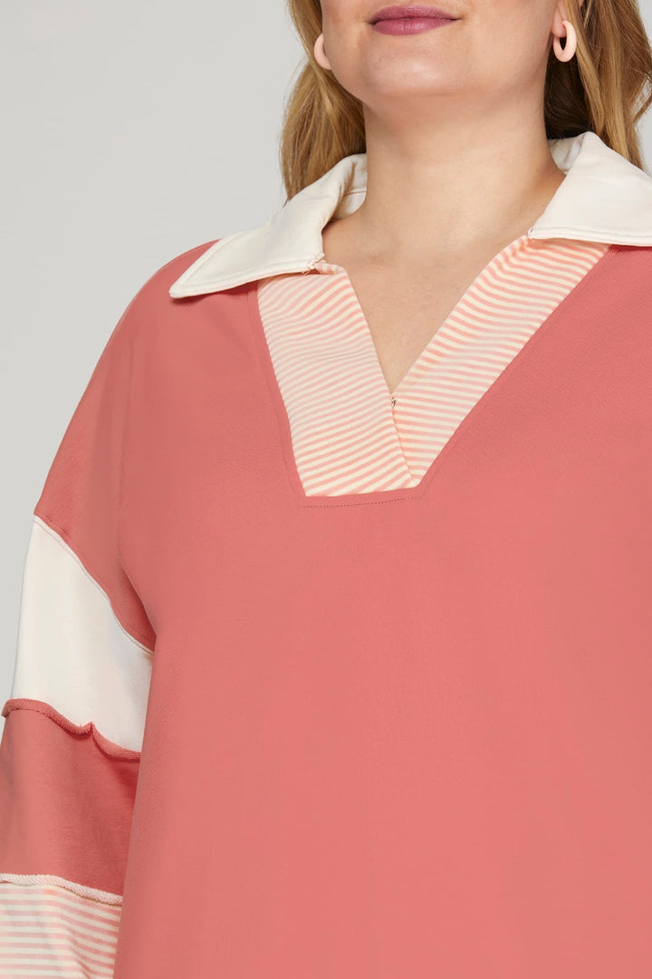 PLUS - COLOR BLOCK SLEEVE V NECK FRENCH TERRY DRESS