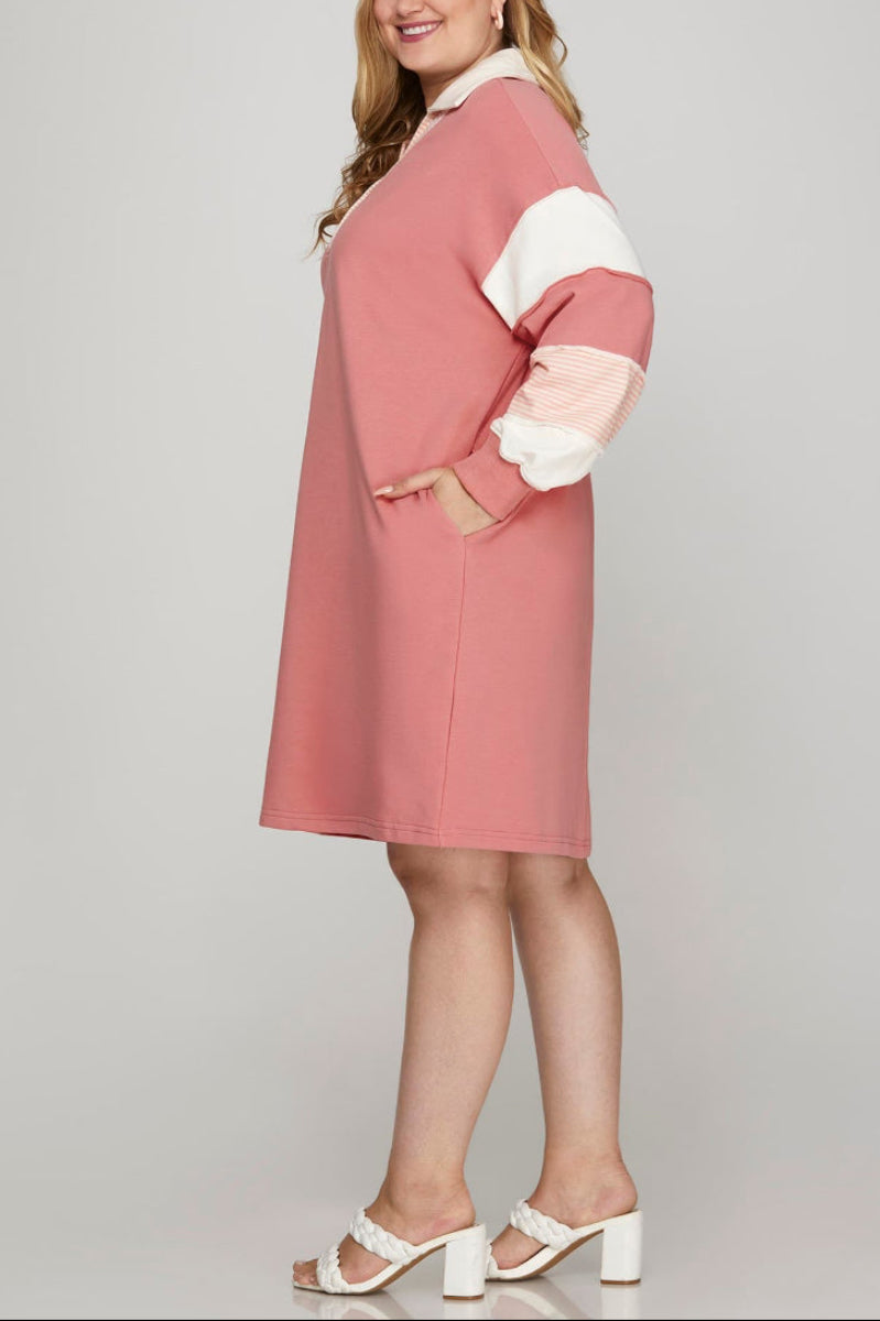 PLUS - COLOR BLOCK SLEEVE V NECK FRENCH TERRY DRESS