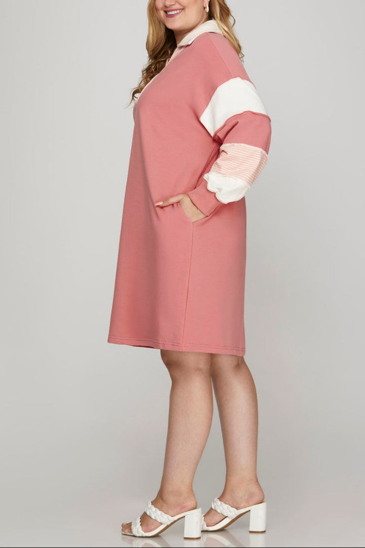 PLUS - COLOR BLOCK SLEEVE V NECK FRENCH TERRY DRESS