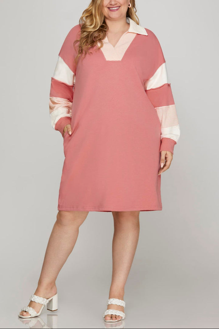 PLUS - COLOR BLOCK SLEEVE V NECK FRENCH TERRY DRESS