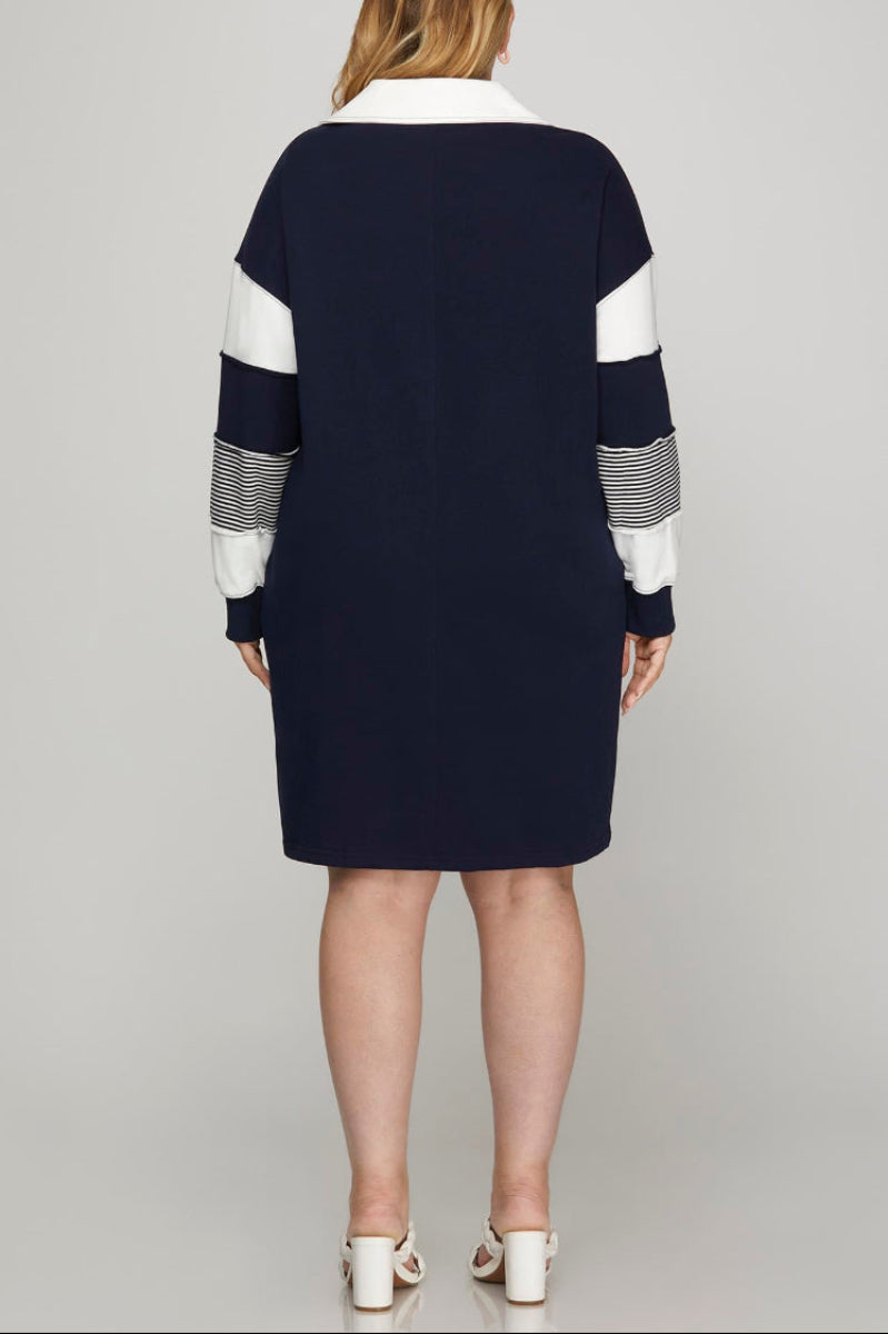 PLUS - COLOR BLOCK SLEEVE V NECK FRENCH TERRY DRESS