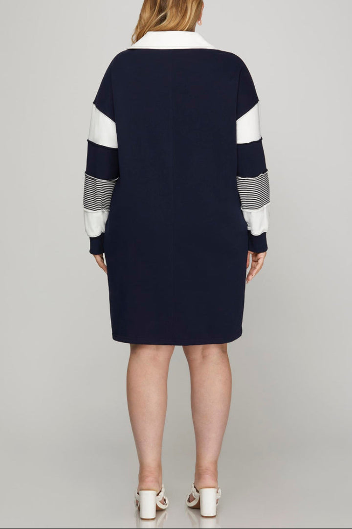 PLUS - COLOR BLOCK SLEEVE V NECK FRENCH TERRY DRESS
