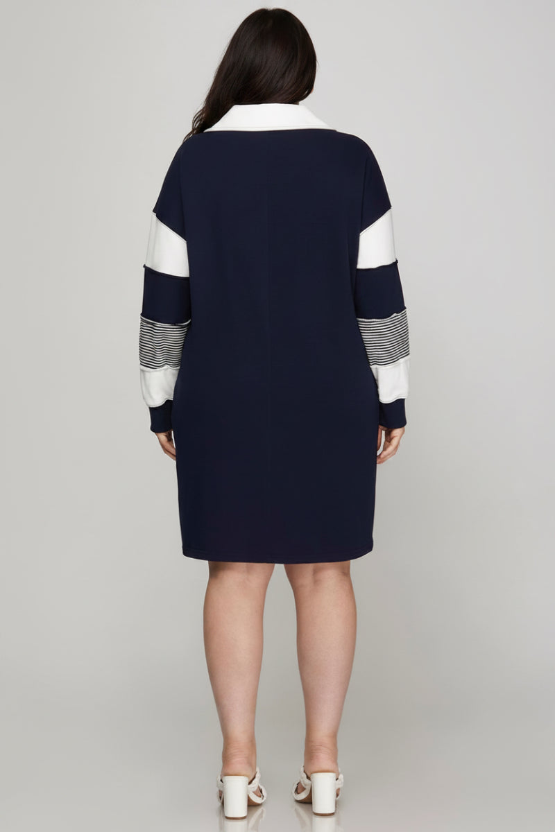 PLUS - COLOR BLOCK SLEEVE V NECK FRENCH TERRY DRESS-SKPSY7414R