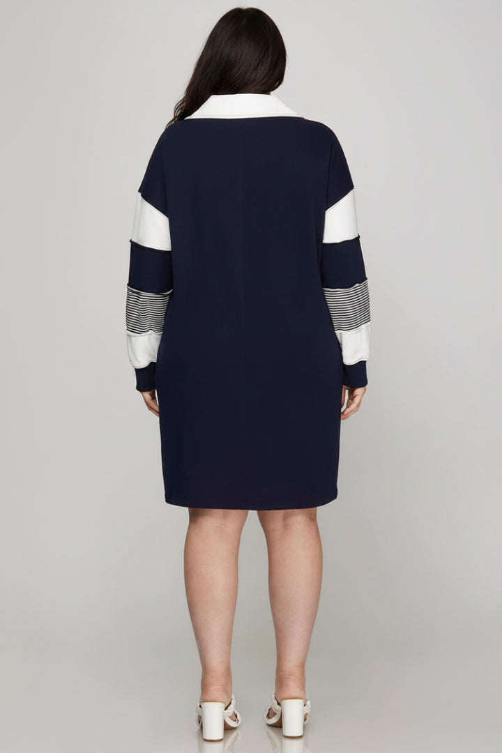 PLUS - COLOR BLOCK SLEEVE V NECK FRENCH TERRY DRESS-SKPSY7414R