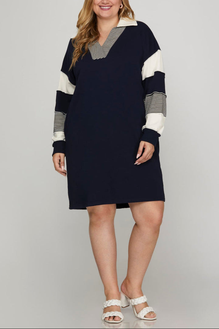 PLUS - COLOR BLOCK SLEEVE V NECK FRENCH TERRY DRESS