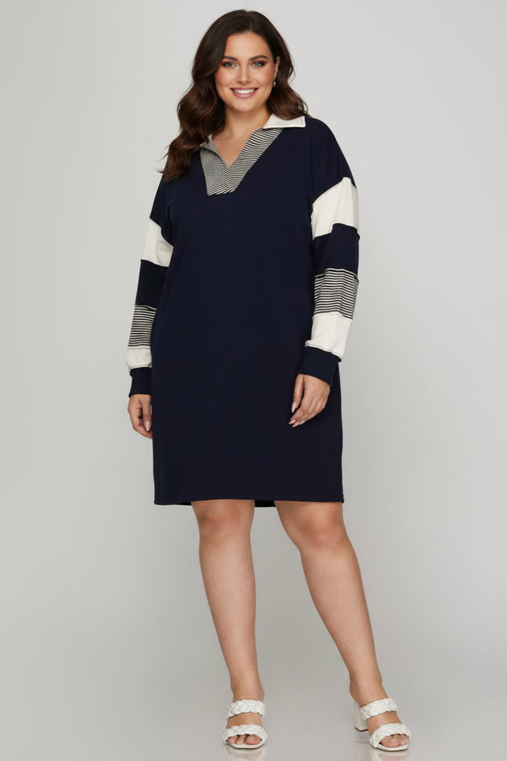 PLUS - COLOR BLOCK SLEEVE V NECK FRENCH TERRY DRESS-SKPSY7414R