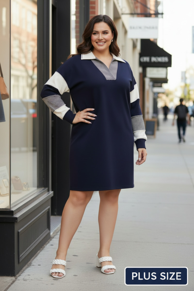 PLUS - COLOR BLOCK SLEEVE V NECK FRENCH TERRY DRESS-SKPSY7414R