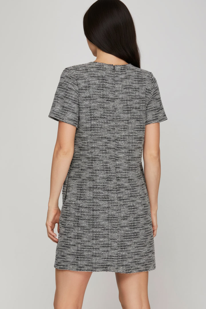 SHORT SLEEVE PEARL STUDDED TRIM KNIT TWEED DRESS