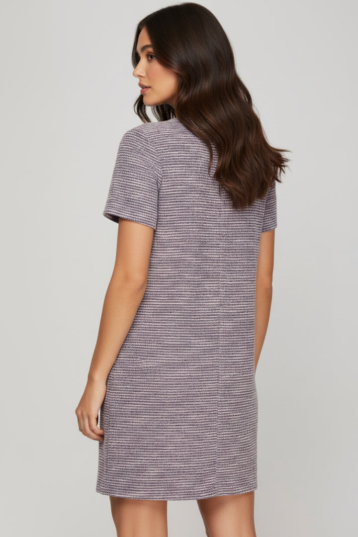 SHORT SLEEVE PEARL STUDDED TRIM KNIT TWEED DRESS