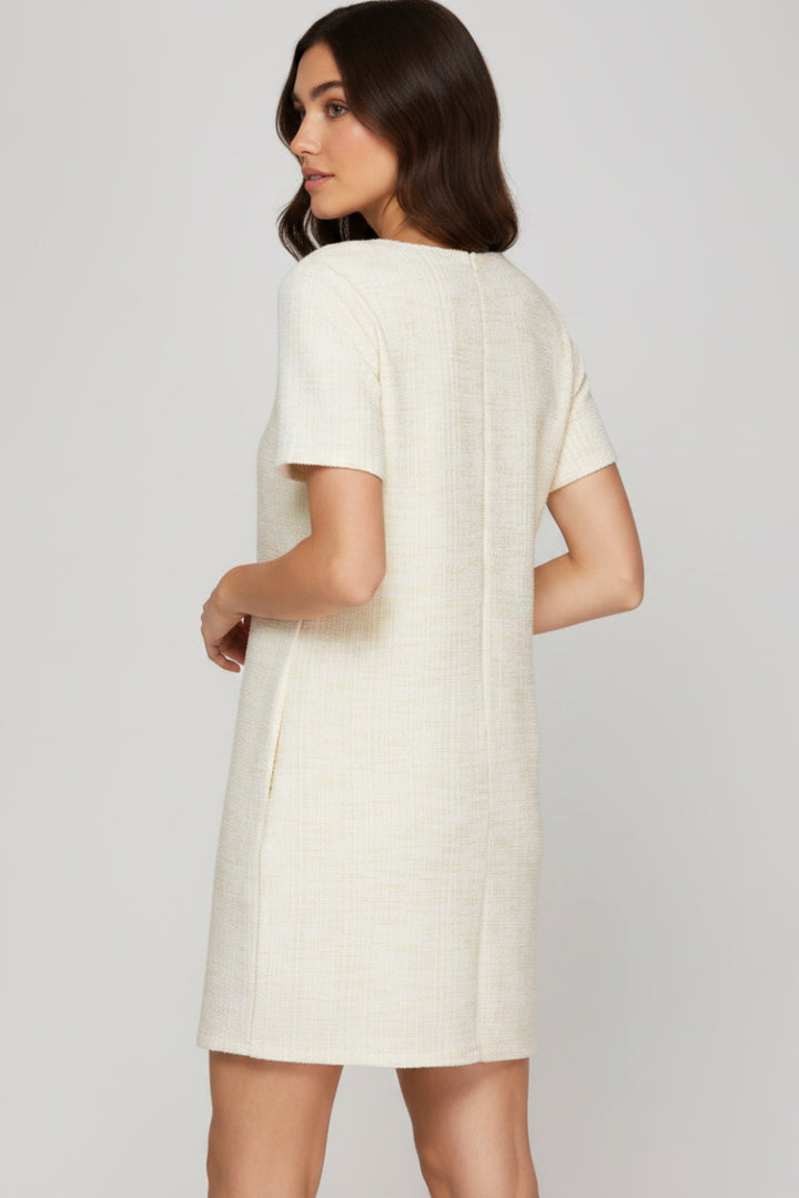 SHORT SLEEVE PEARL STUDDED TRIM KNIT TWEED DRESS