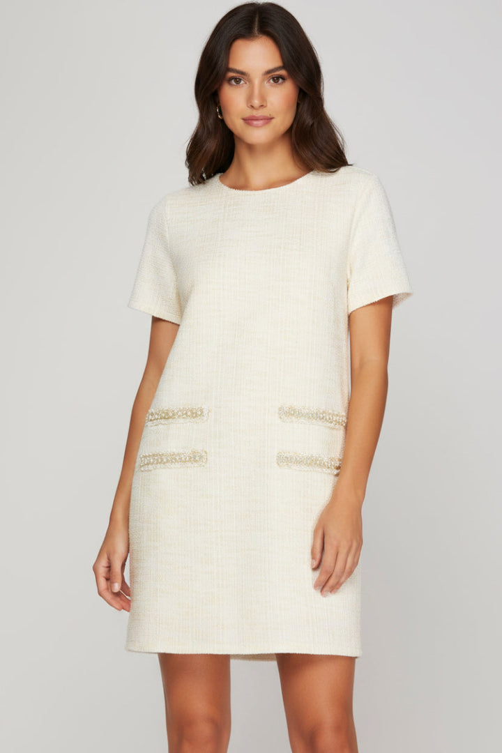 SHORT SLEEVE PEARL STUDDED TRIM KNIT TWEED DRESS