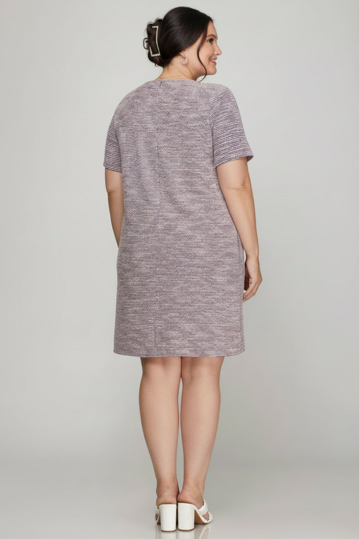 PLUS - SHORT SLEEVE PEARL STUDDED TRIM KNIT TWEED DRESS