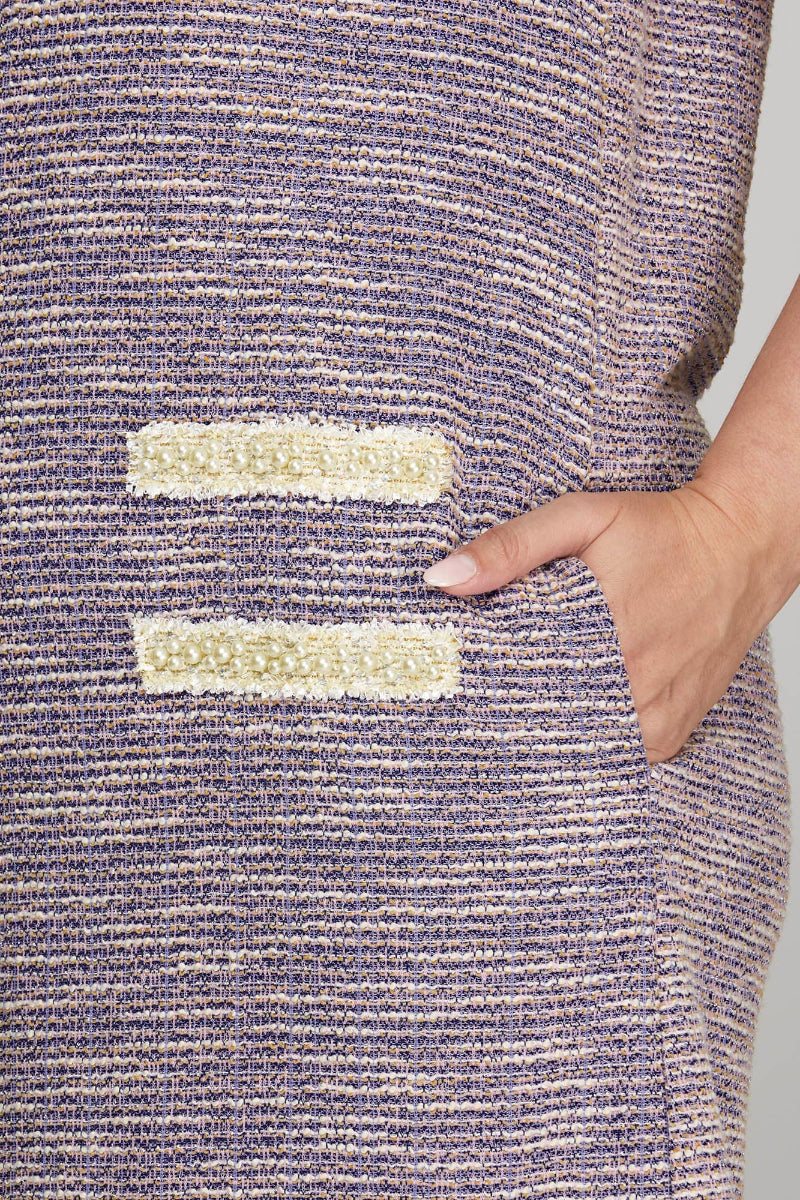 PLUS - SHORT SLEEVE PEARL STUDDED TRIM KNIT TWEED DRESS