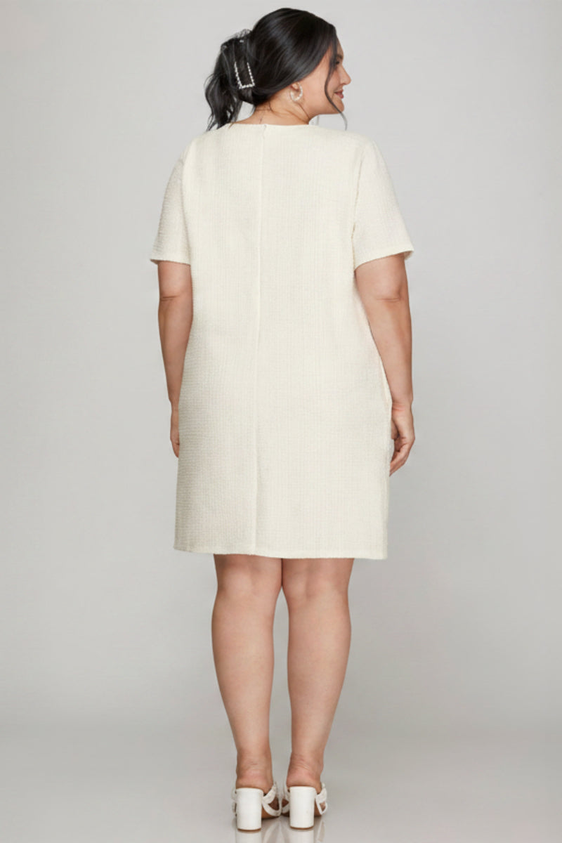 PLUS - SHORT SLEEVE PEARL STUDDED TRIM KNIT TWEED DRESS