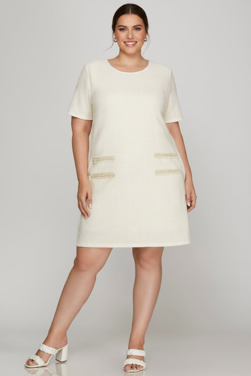 PLUS - SHORT SLEEVE PEARL STUDDED TRIM KNIT TWEED DRESS