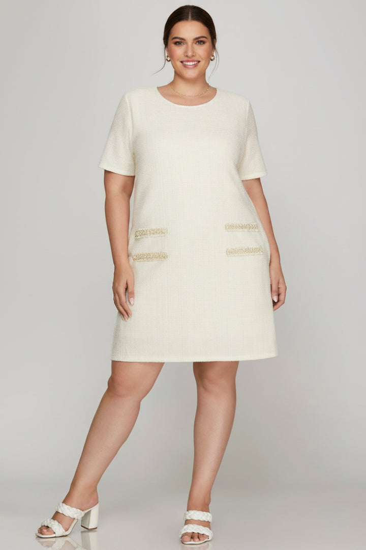 PLUS - SHORT SLEEVE PEARL STUDDED TRIM KNIT TWEED DRESS