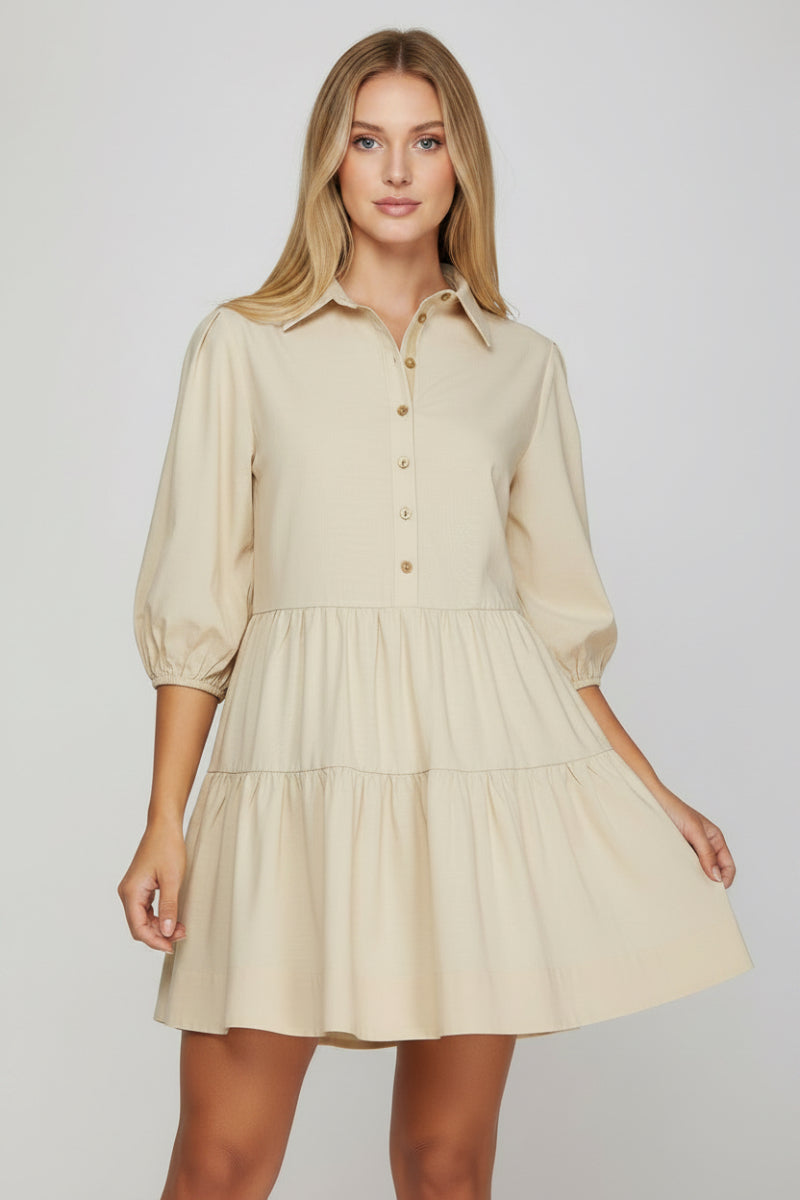 COLLARED TIERED BUTTON DOWN SHIRT DRESS-SKSY8107