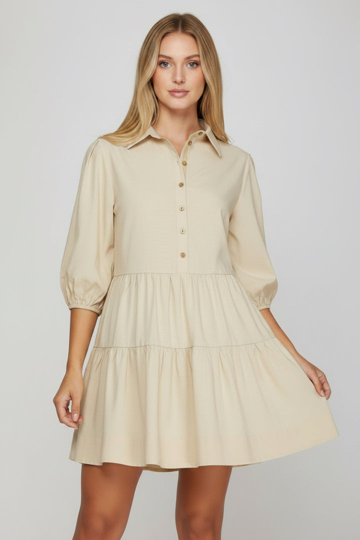 COLLARED TIERED BUTTON DOWN SHIRT DRESS-SKSY8107