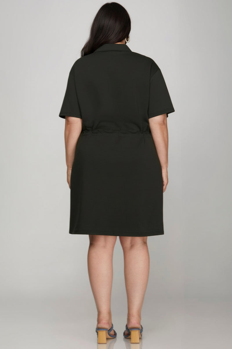 PLUS-HALF ZIP DRAWSTRING WAIST SCUBA KNIT DRESS SKPSY7584