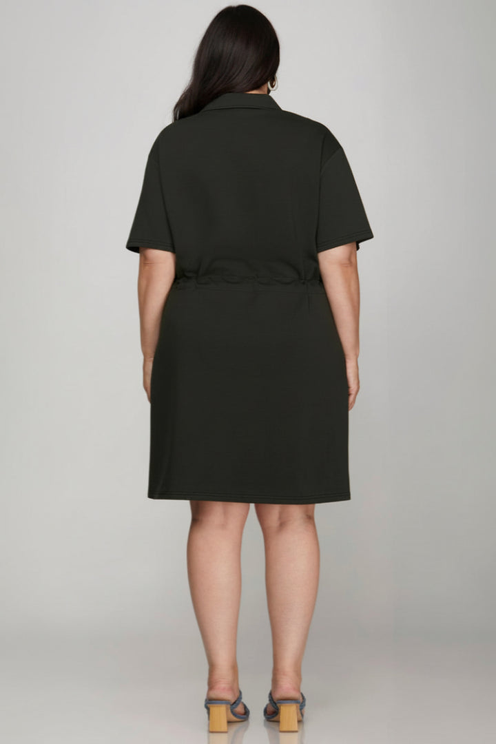 PLUS-HALF ZIP DRAWSTRING WAIST SCUBA KNIT DRESS SKPSY7584
