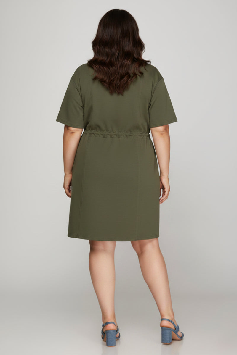 PLUS-HALF ZIP DRAWSTRING WAIST SCUBA KNIT DRESS SKPSY7584