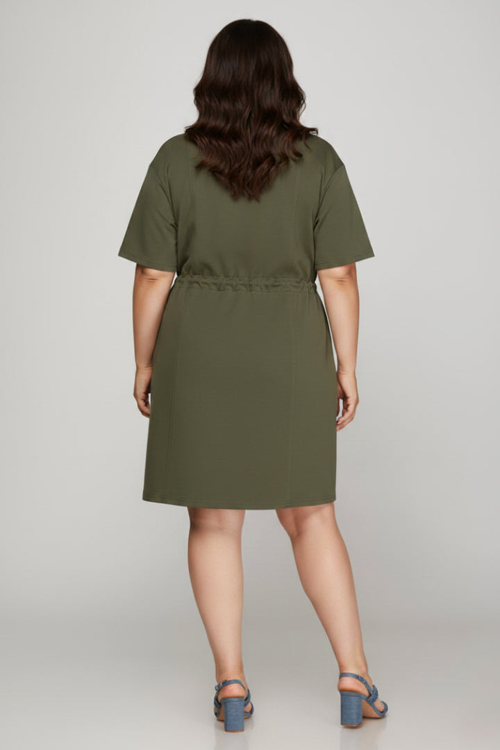 PLUS-HALF ZIP DRAWSTRING WAIST SCUBA KNIT DRESS SKPSY7584