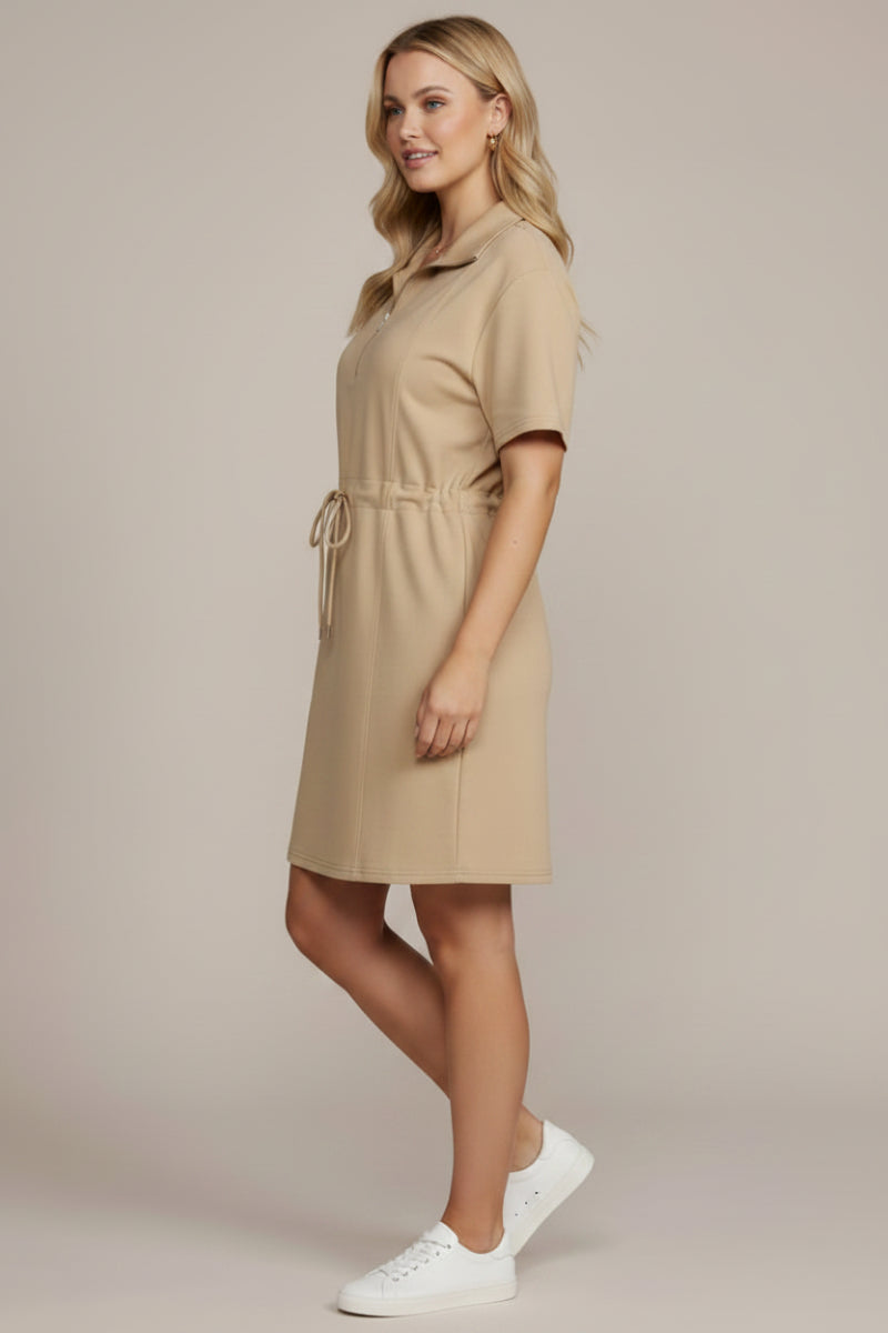 PLUS-HALF ZIP DRAWSTRING WAIST SCUBA KNIT DRESS SKPSY7584