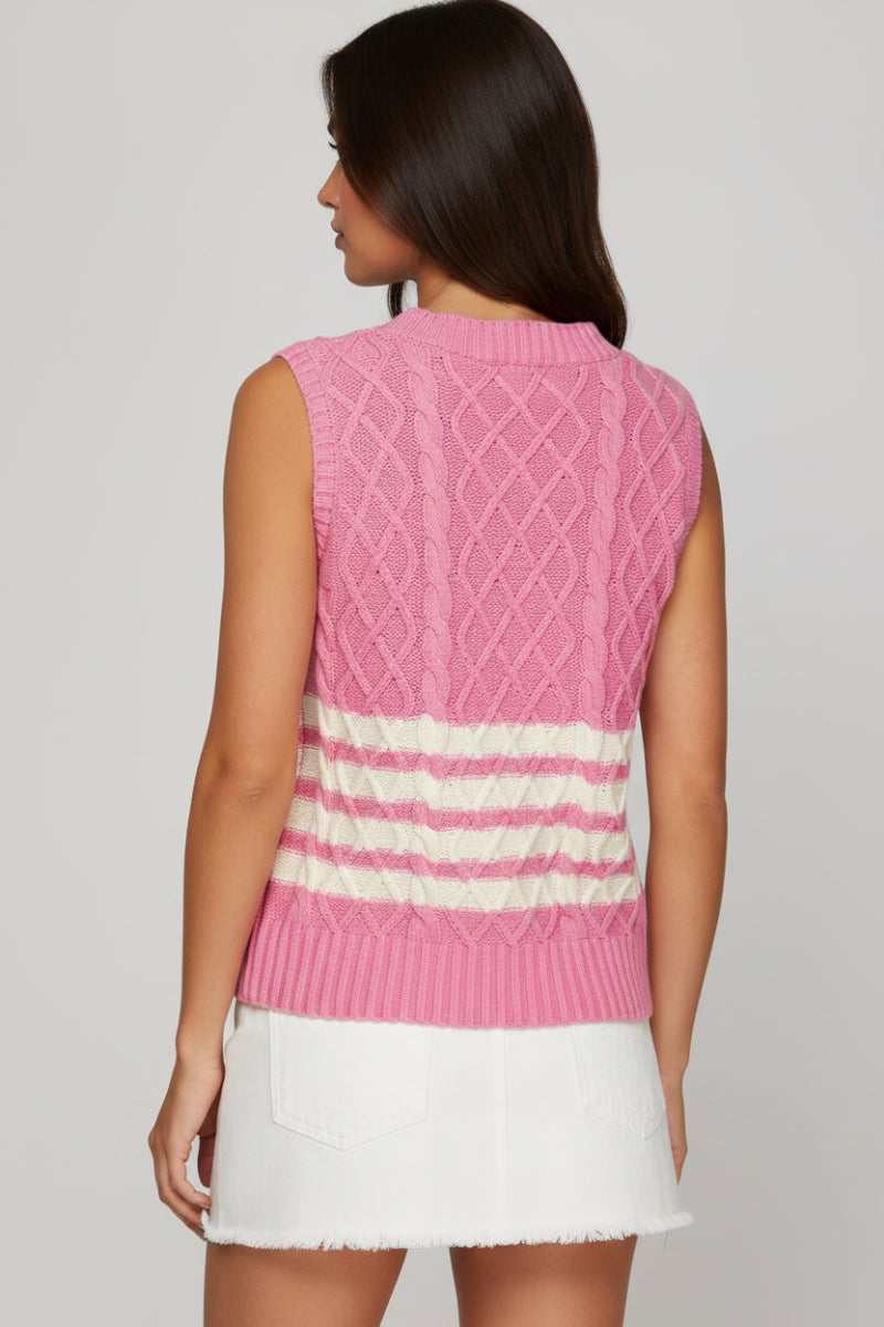 SLEEVELESS STRIPED CABLE KNIT SWEATER VEST-SKSY8127