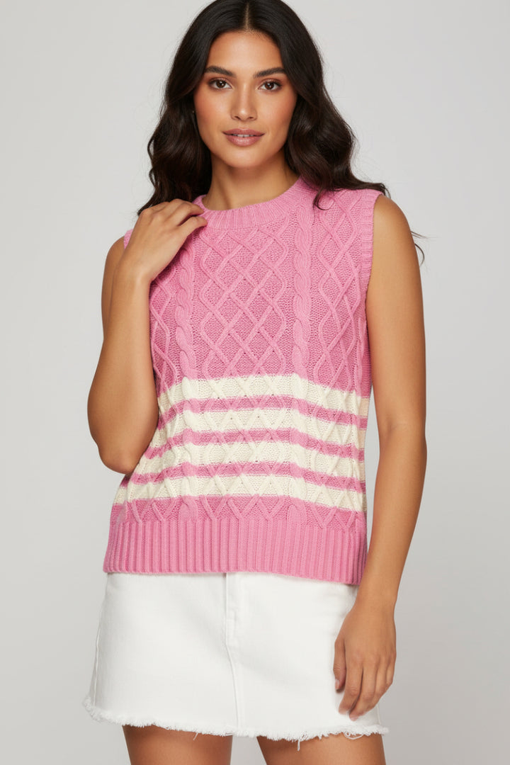 SLEEVELESS STRIPED CABLE KNIT SWEATER VEST-SKSY8127